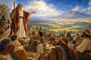 Moses stands on a rocky height with a staff and outstretched hand, addressing Israel above a luminous green valley.