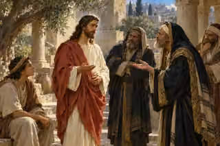 Jesus calmly addresses skeptical questioners in an ancient stone courtyard while a seated young listener watches attentively.