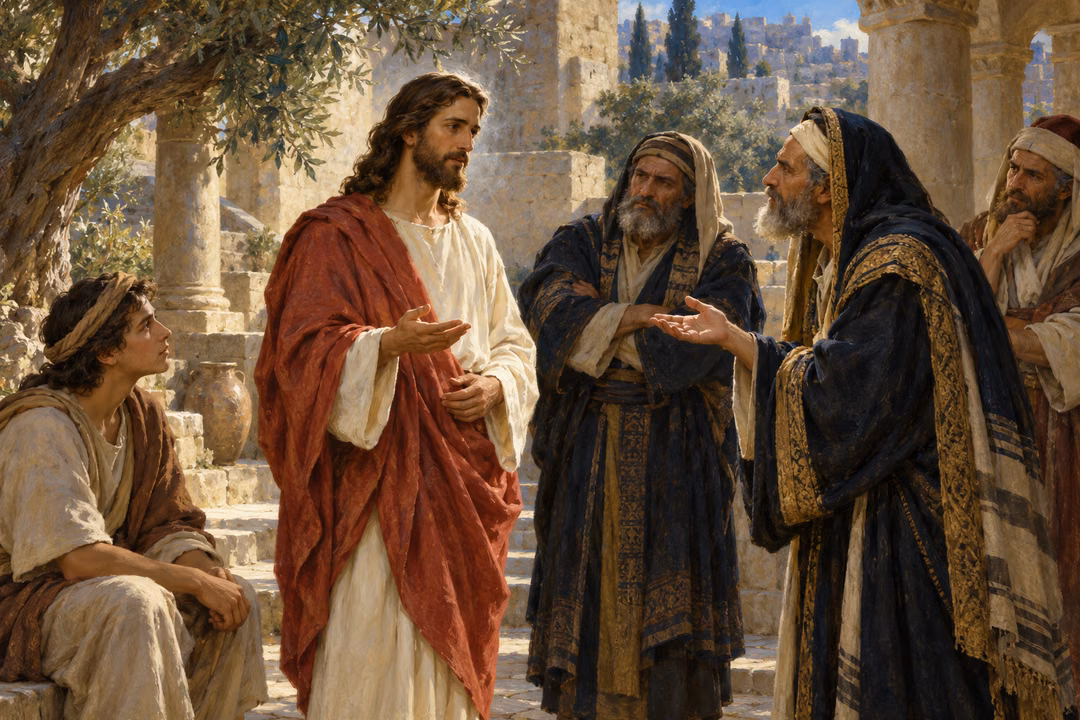 Jesus calmly addresses skeptical questioners in an ancient stone courtyard while a seated young listener watches attentively.
