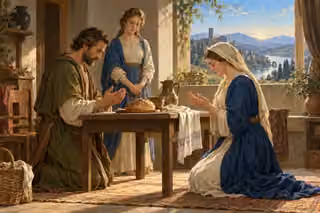 A family prays with gratitude beside bread, water and a folded cloth at dawn.