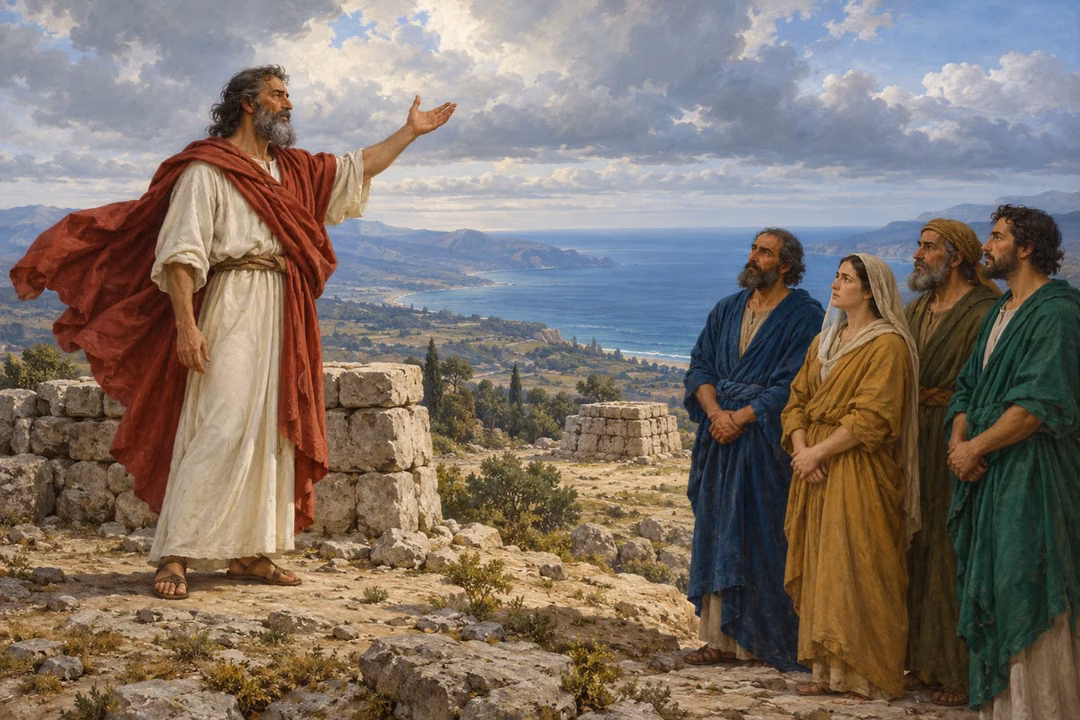 Elijah appeals with an open hand to four thoughtful people beside stone altars on Mount Carmel overlooking the sea.