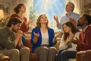 Six adults in modern clothing pray together in a living room beneath pearl-blue light, with a woman in a blue cardigan raising her open hands.