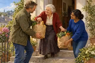 An elderly woman in a crimson cardigan accepts help with grocery bags from two neighbors at a flower-lined doorstep.