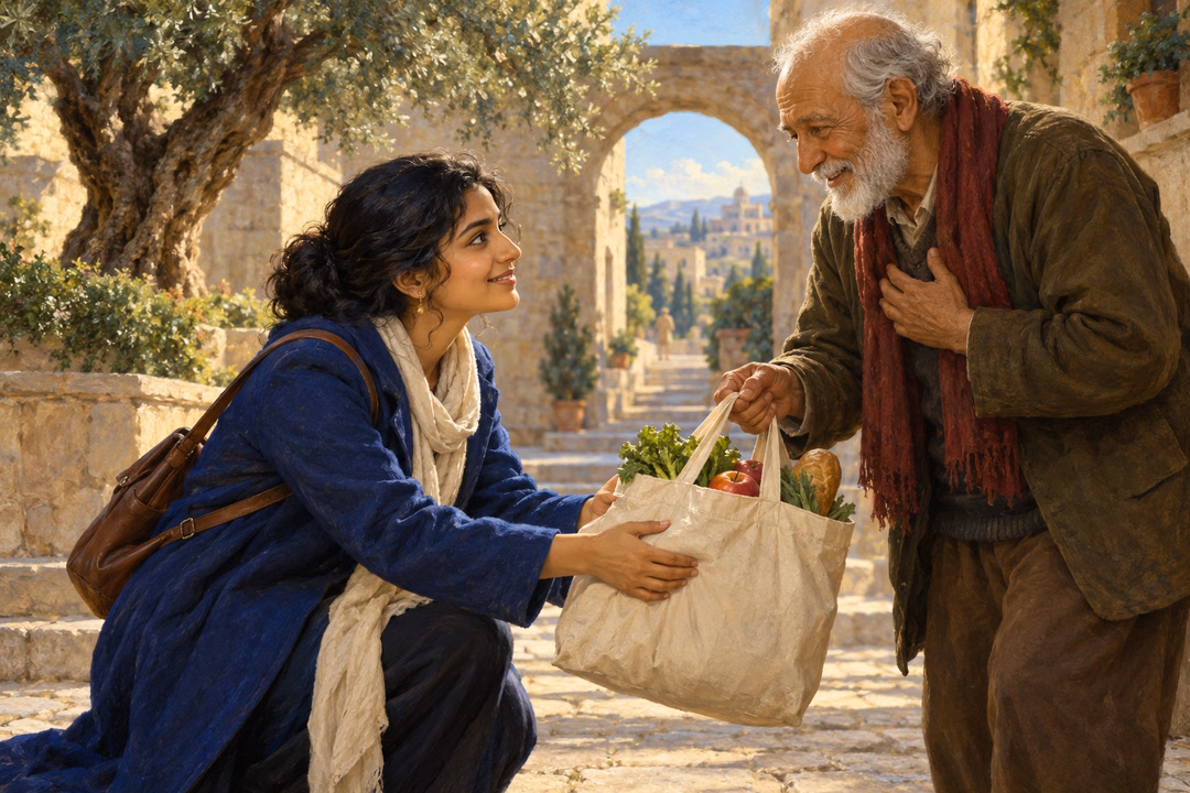 A South Asian woman returns an elderly neighbor's dropped grocery bag in a sunlit square.