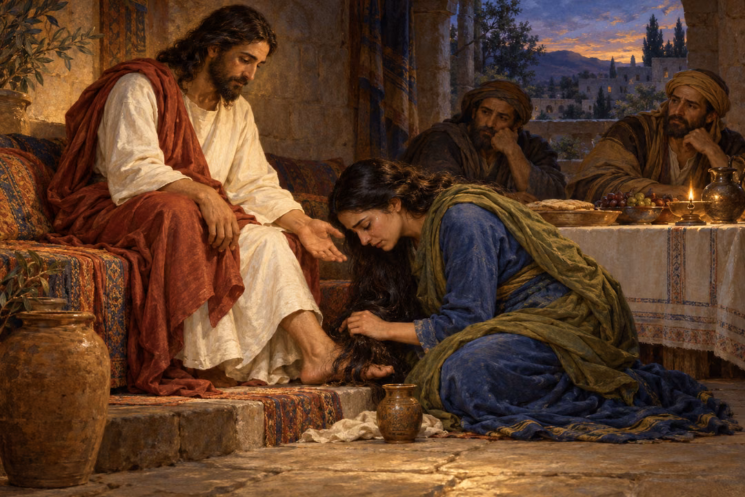 A tearful woman kneels to wipe Christ's feet with her hair while he extends a compassionate hand and two seated hosts watch quietly.
