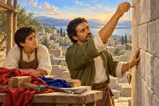 A craftsman and apprentice examine a plumb line beside a stone wall.