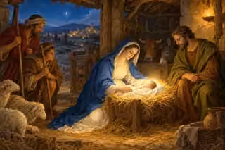 Mary, Joseph and shepherds gather around the swaddled infant Jesus in a humble stable.