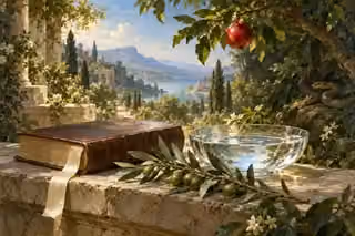 A scripture book, clear water and olive branch rest beneath fruit and a serpent in a garden.