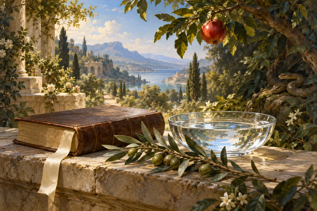 A scripture book, clear water and olive branch rest beneath fruit and a serpent in a garden.