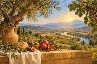 An abundant orchard and fresh fruit rest in warm light above a living valley.
