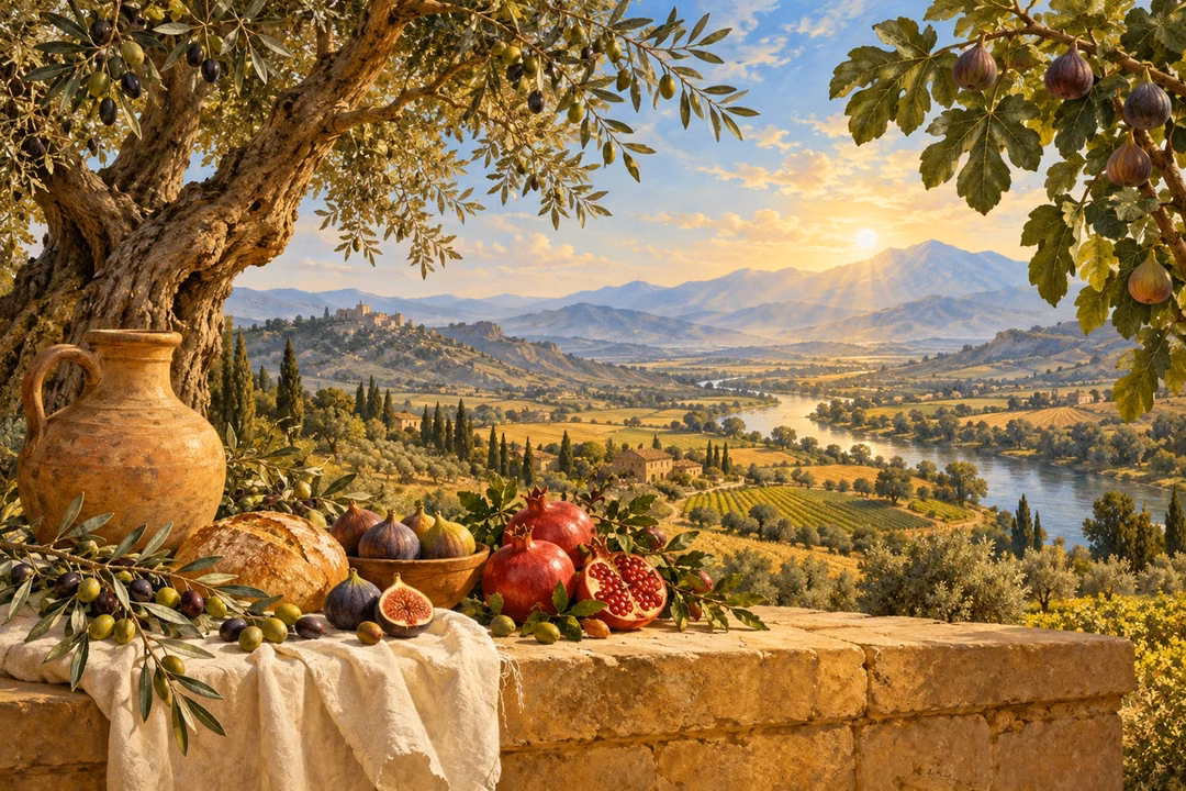 An abundant orchard and fresh fruit rest in warm light above a living valley.