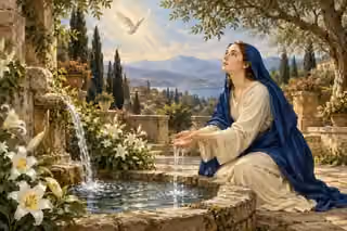 A praying woman beside clear fountain water beneath a luminous dove.