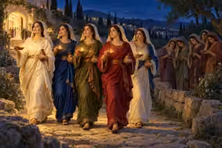 Five prepared women carry burning clay lamps and spare oil toward a welcoming doorway, while five women behind them look down at extinguished lamps.