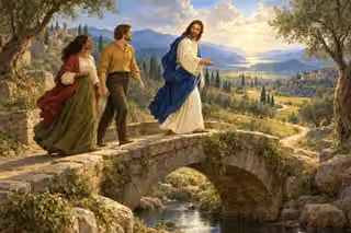 A young couple follows Christ across a stone bridge toward a sunlit olive valley, each attentive to his guiding hand.