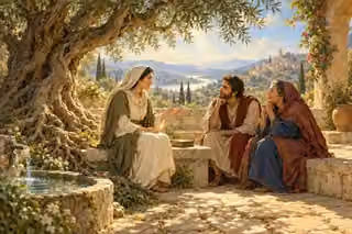 A teacher and two listeners share thoughtful fellowship beneath a firmly rooted olive tree.