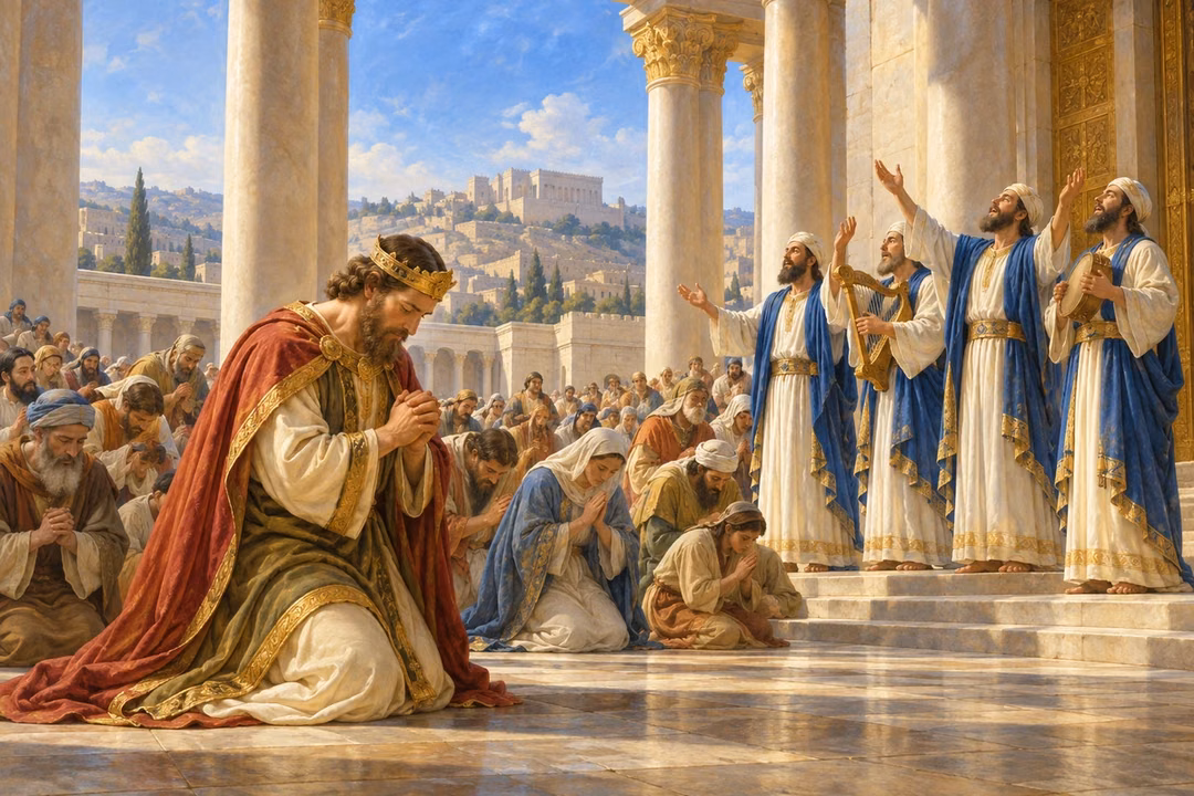 Jehoshaphat bows in prayer while Levites sing in the temple court.