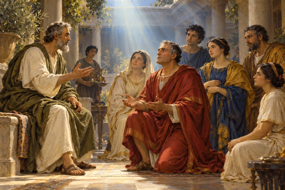 Peter teaches Cornelius's household as gentle light fills the courtyard.