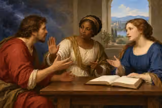 A calm witness encourages listening when an animated man interrupts a patient teacher beside a blank open Bible.