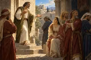 Ezekiel speaks with outstretched hands on stone steps, facing several listeners who turn away while a seated young woman watches attentively.