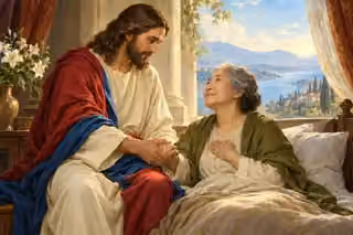 Jesus comforts an elderly woman by holding her hand beside a sunlit window.