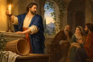 A man sets an uncovered candle on a tall candlestick, bringing gentle light to listeners in a shadowed hall.