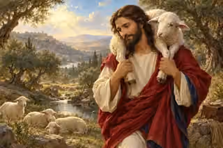 The Good Shepherd carries a lamb through a quiet olive valley.