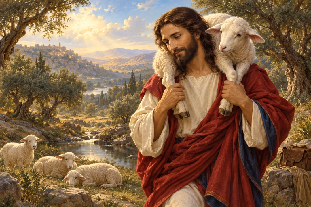 The Good Shepherd carries a lamb through a quiet olive valley.