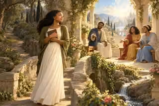 A woman pauses on a garden bridge, turning toward light and welcoming companions.