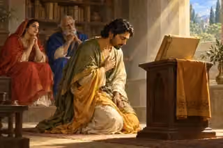 A humble reader bows before a book on a lectern, seeking understanding through prayer.