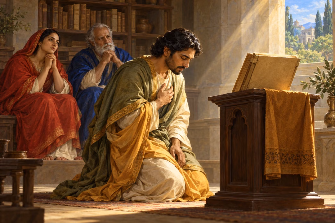 A humble reader bows before a book on a lectern, seeking understanding through prayer.