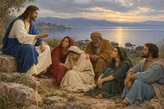 Jesus teaches five humble listeners on a rocky lakeshore at dawn while a woman in crimson comforts a grieving companion.