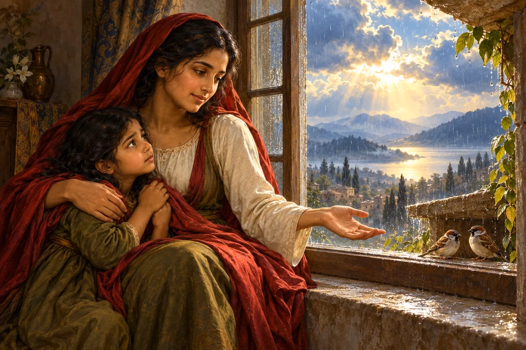 A mother comforts her child while sheltered sparrows evoke fearless trust.