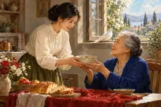 An East Asian woman offers a warm bowl to an elderly neighbor beneath gentle divine light.