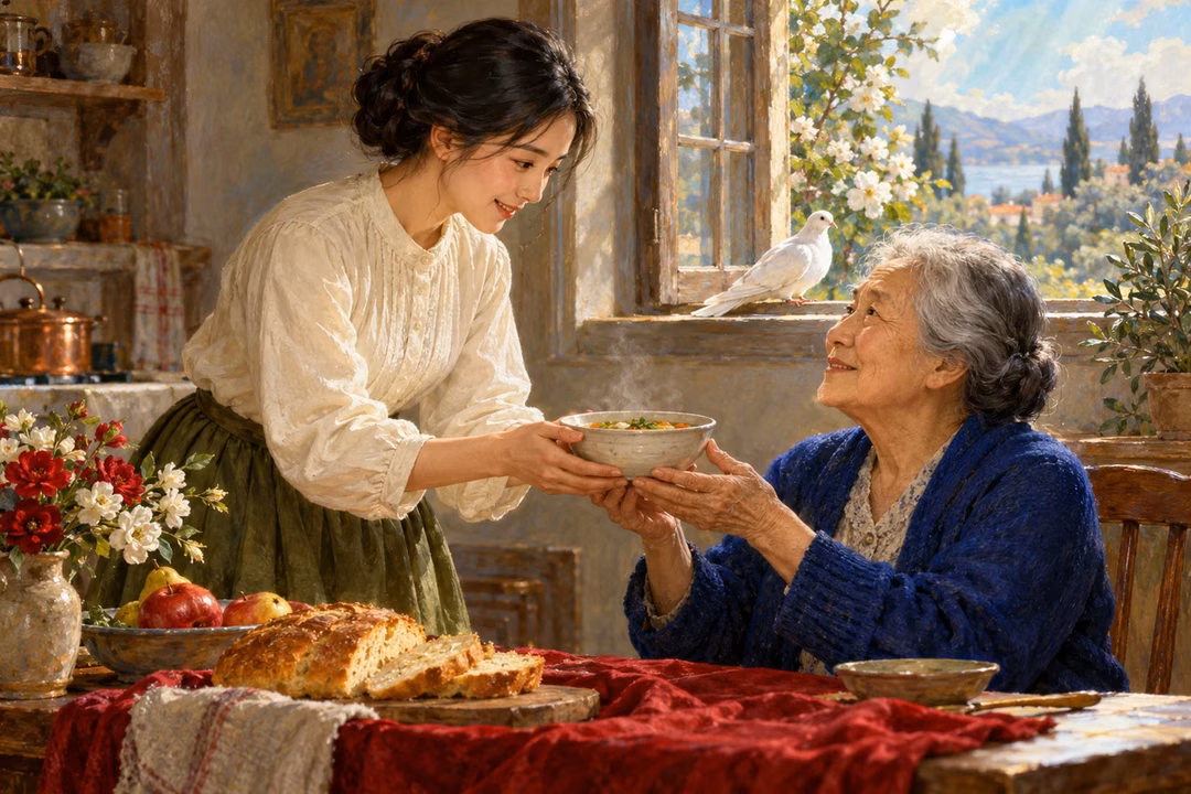 An East Asian woman offers a warm bowl to an elderly neighbor beneath gentle divine light.