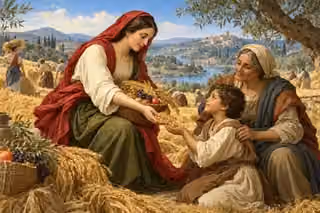 A woman shares harvest grain with a child and caregiver in a sunlit field.