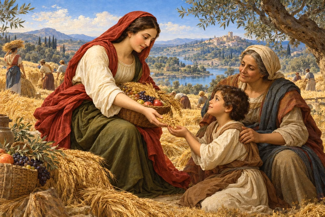 A woman shares harvest grain with a child and caregiver in a sunlit field.
