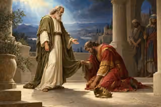 Samuel stands in an ancient courtyard while a humbled King Saul kneels, grasping his olive mantle beside a fallen crown and two attendants.