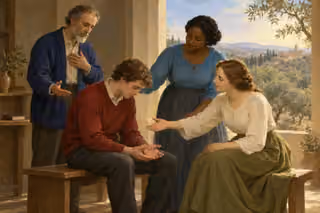 A remorseful man receives gentle counsel and an offered hand while an older companion examines his own heart.