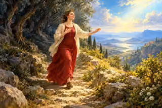 A woman walks from a shadowed olive grove toward pearl-blue light on a mountain path.