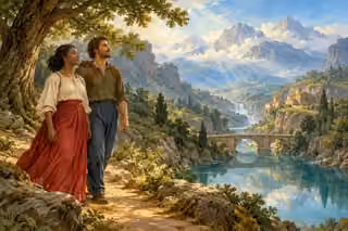 Two travelers rest beneath a sheltering tree and lift their eyes toward luminous hills.