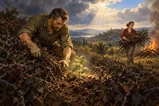 A gardener clears thorns from a young seedling while another carries dry branches toward a brush fire under a storm-clearing sky.