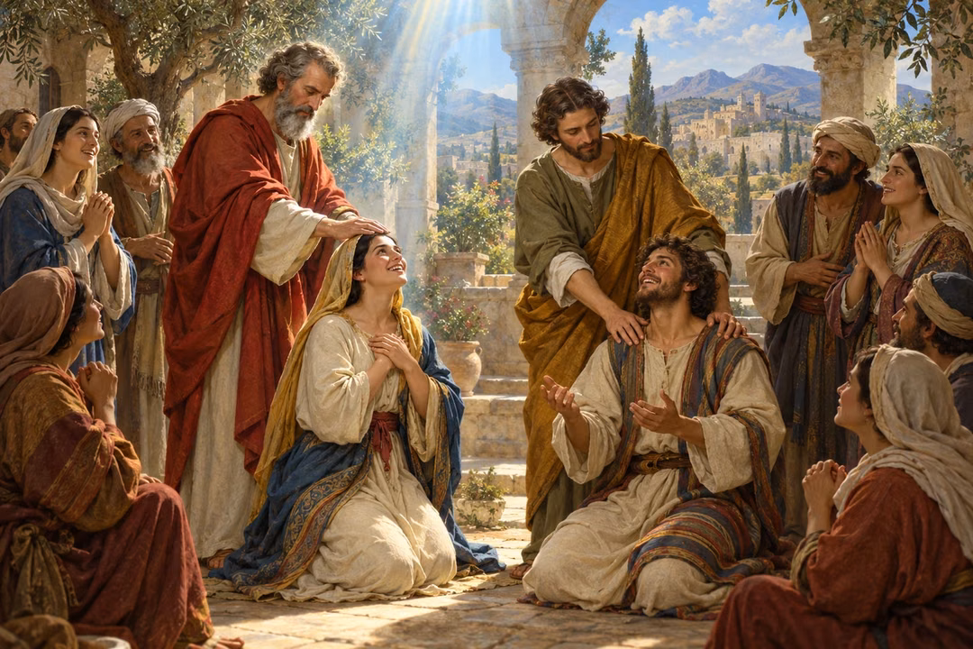 Peter and John pray with joyful Samaritans in a sunlit ancient courtyard.