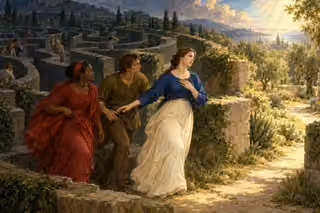 Three companions follow a clear illuminated path out of a dark labyrinth into an olive garden.