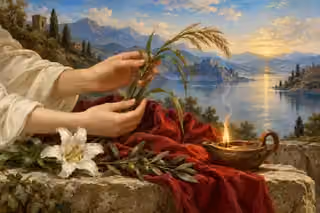 Gentle hands support a bent reed beside a living oil-lamp flame.