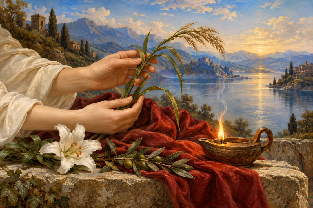Gentle hands support a bent reed beside a living oil-lamp flame.