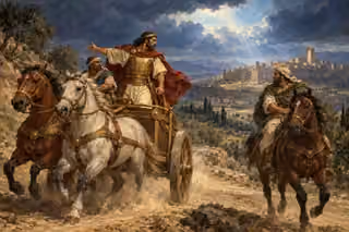 Jehu gestures from his two-horse chariot toward a mounted messenger on the road below the distant walls of Jezreel.