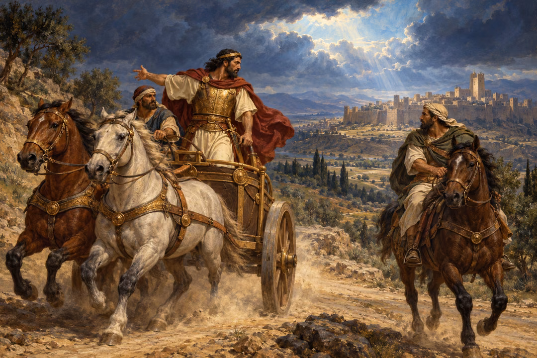 Jehu gestures from his two-horse chariot toward a mounted messenger on the road below the distant walls of Jezreel.