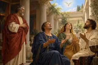 Peter watches Cornelius and his household pray with quiet wonder in a Roman courtyard, their faces lifted into soft white light beneath a pale dove.