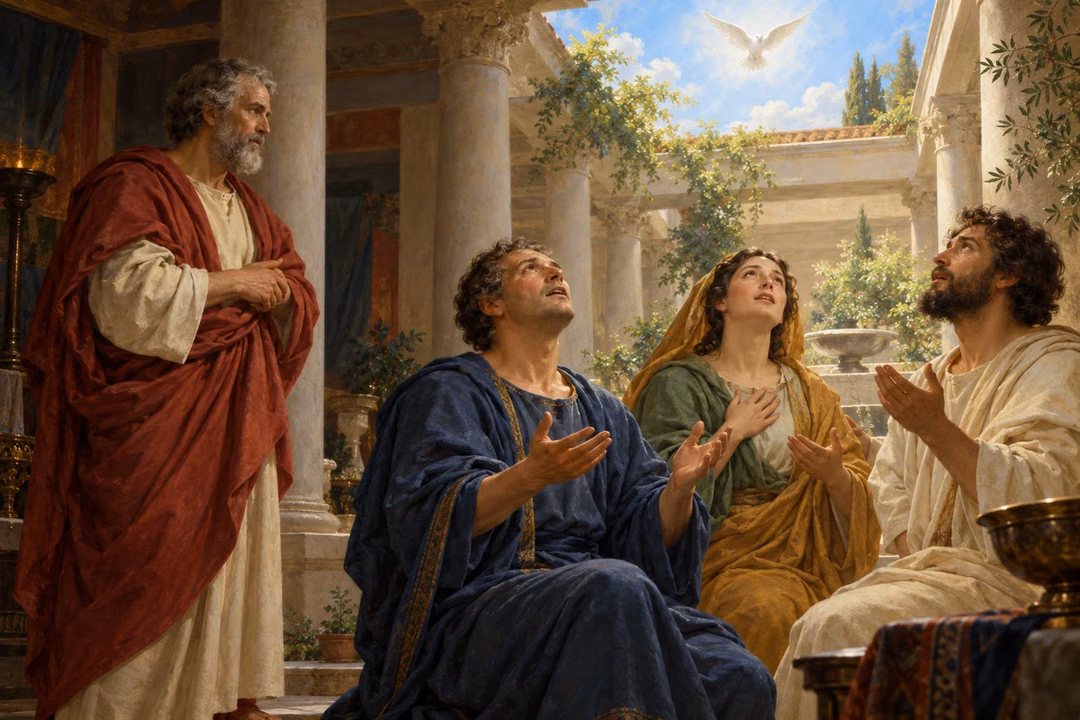 Peter watches Cornelius and his household pray with quiet wonder in a Roman courtyard, their faces lifted into soft white light beneath a pale dove.