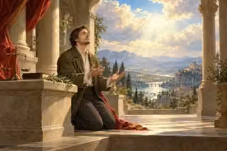 A kneeling man opens his hands beneath radiant clouds beside balanced scales in a stone portico.